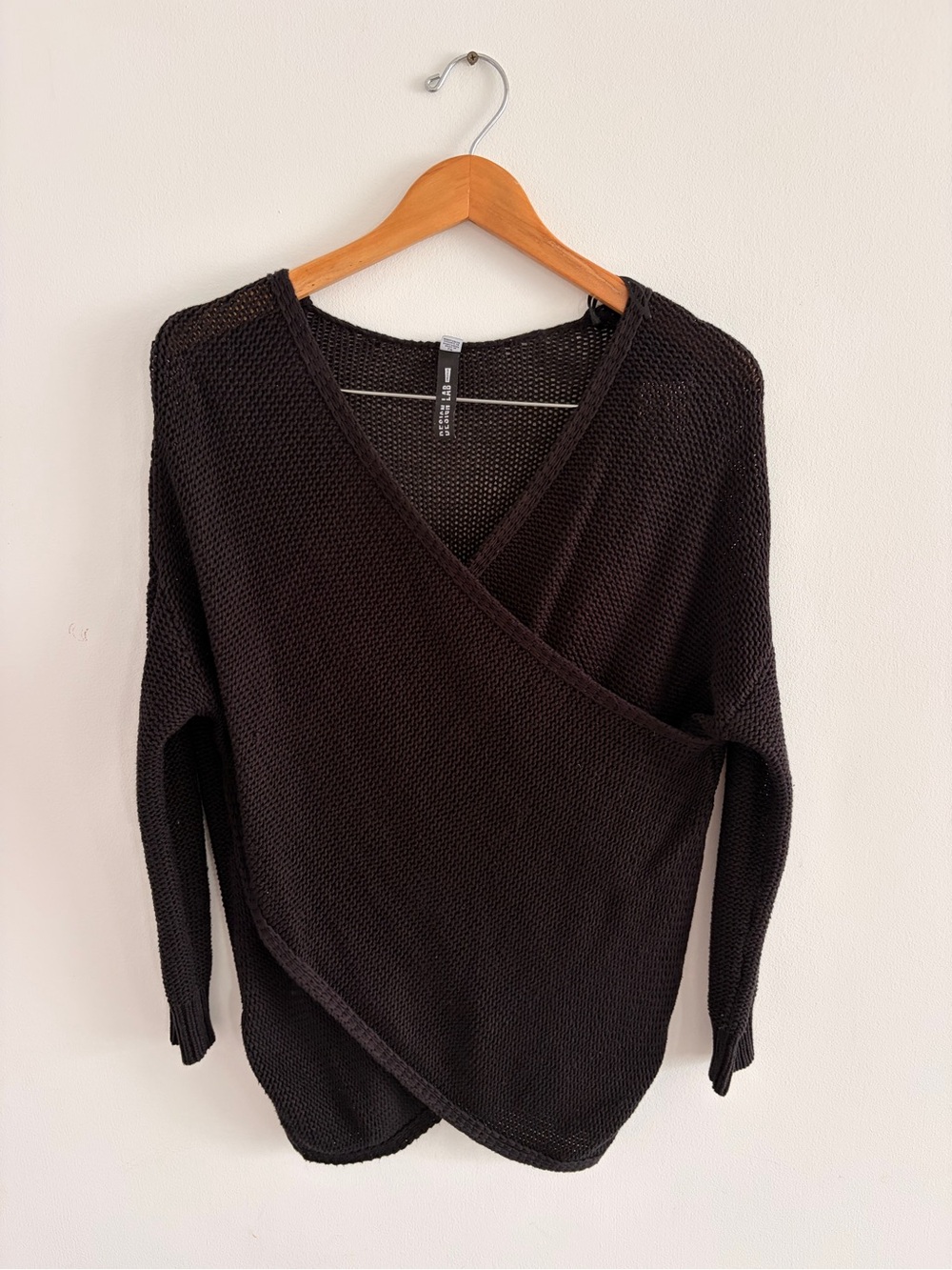 Women's Black Wrap-Front Knit Sweater Hoodie
